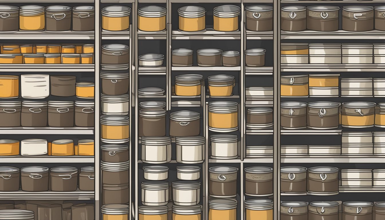 A pantry shelf filled with neatly organized rows of canned black bean soup, with labels indicating the date of preservation