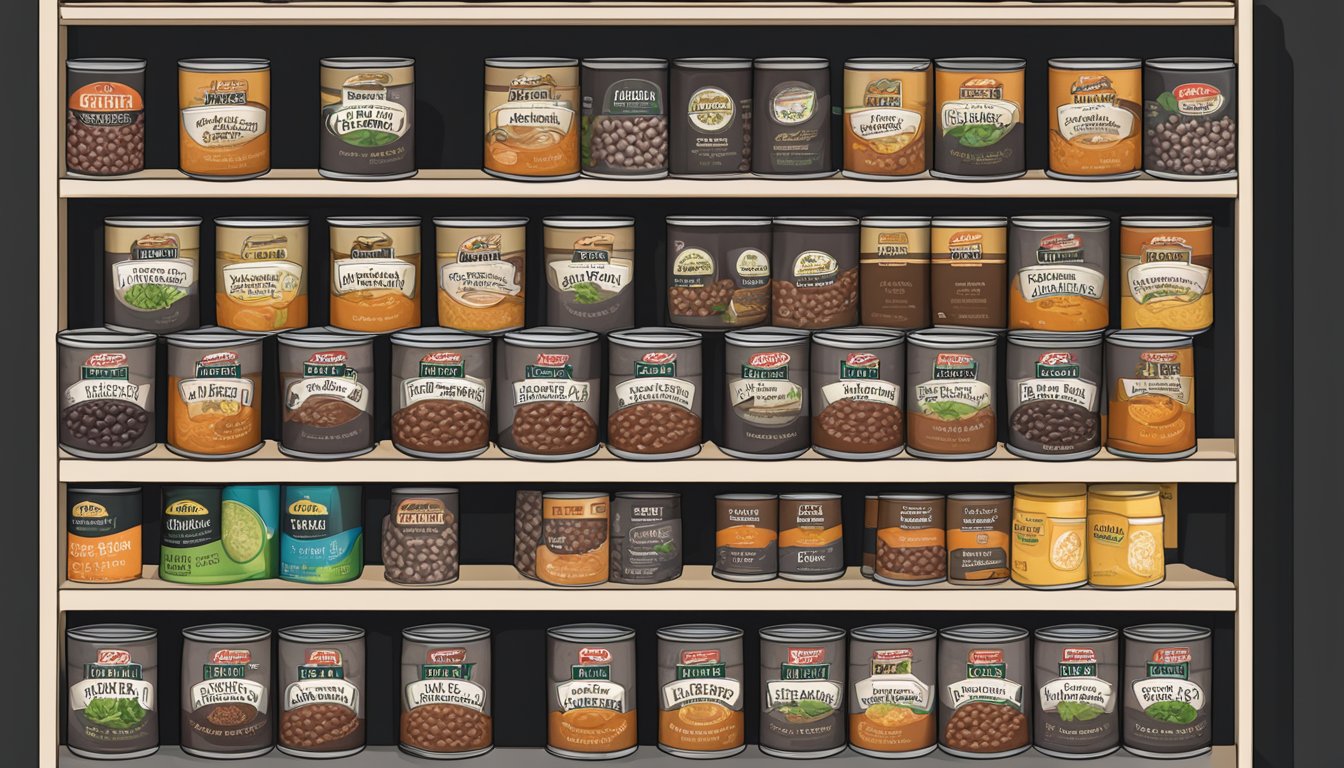 A shelf of canned black bean soup, displaying various high-quality options with clear expiration dates