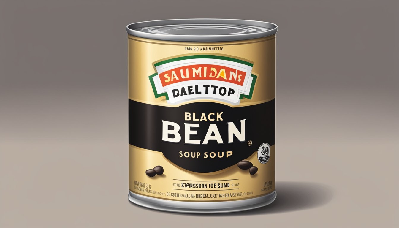 A can of black bean soup sits on a shelf, its label faded and dented. The expiration date is long past due, and the can appears swollen and discolored