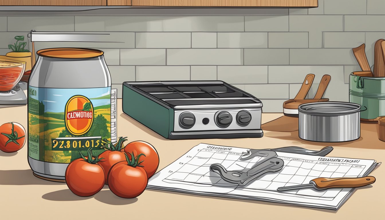 A kitchen counter with open cans of diced tomatoes, a can opener, and a calendar showing expiration dates