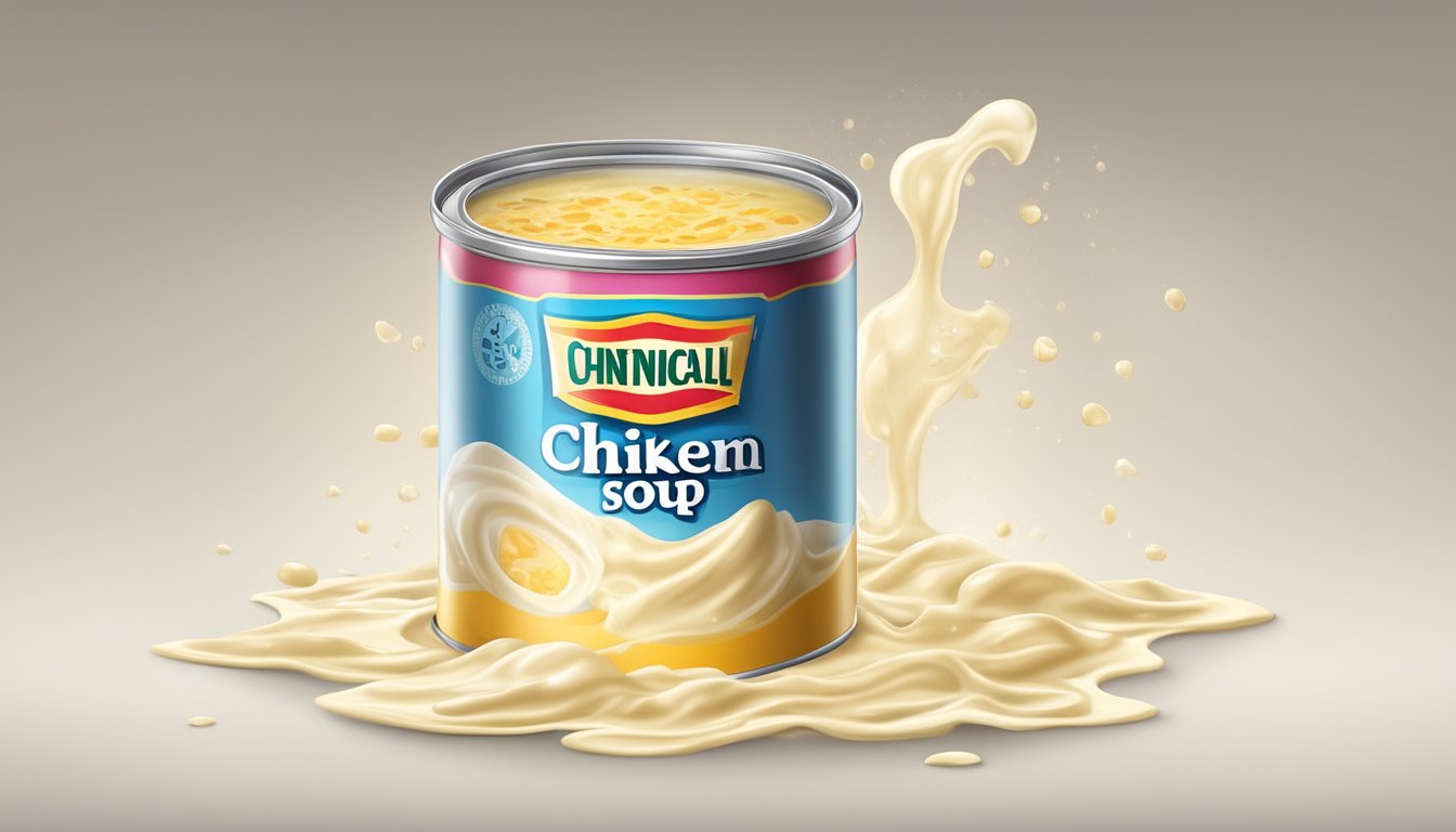 An open can of cream of chicken soup with visible mold and a foul odor