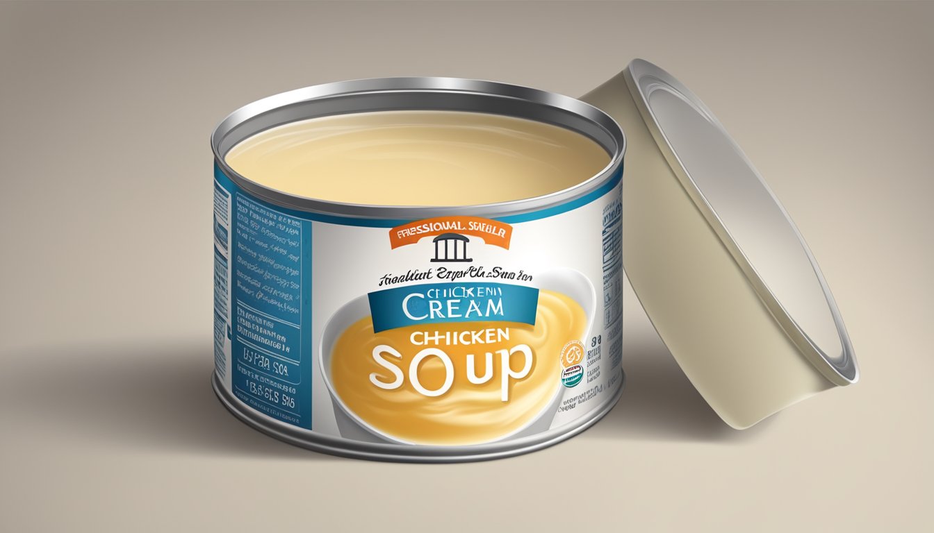 An open can of cream of chicken soup with a readable expiration date on the label