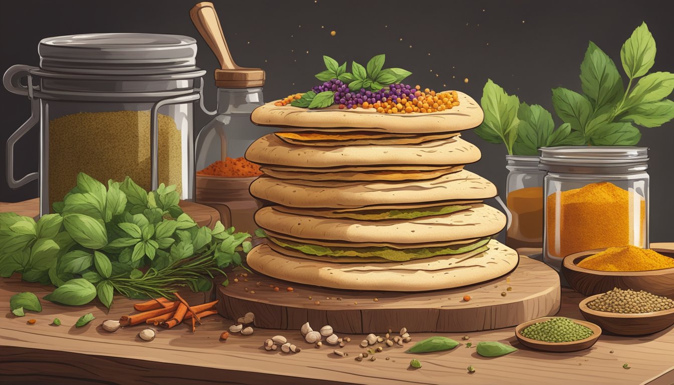 A stack of flatbreads sits on a rustic wooden table, surrounded by colorful spices and herbs. A few crumbs are scattered around, suggesting recent use