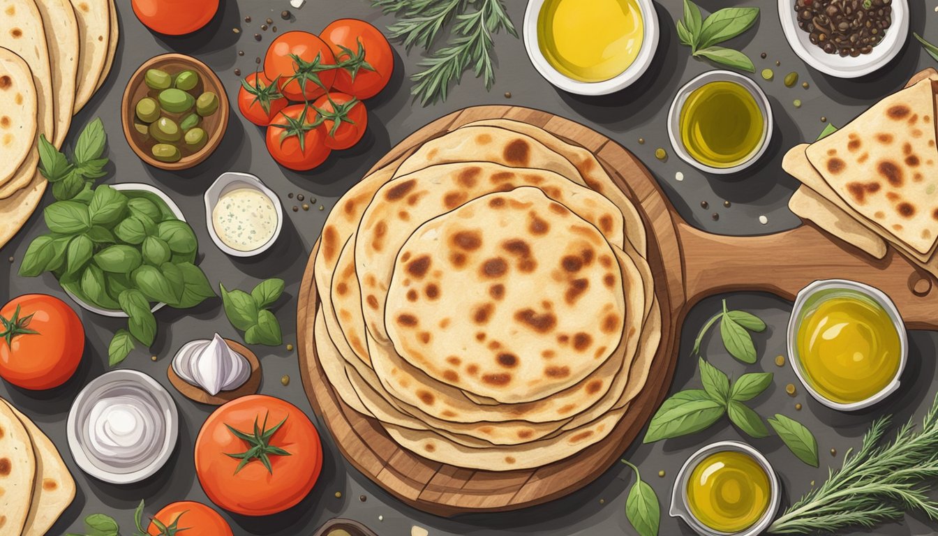 A stack of flatbreads sits on a wooden cutting board, surrounded by ingredients like tomatoes, herbs, and olive oil. Some flatbreads are slightly dried out, while others appear soft and fresh