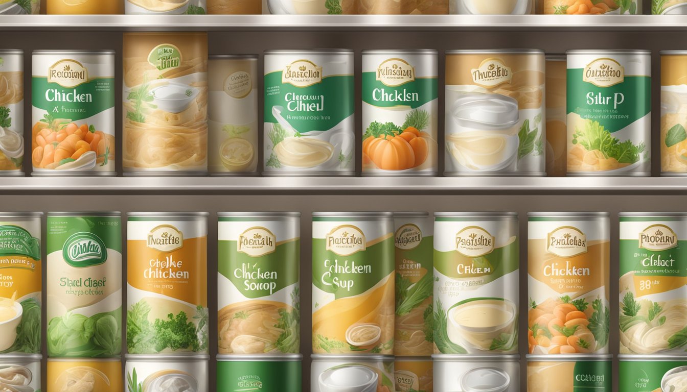 A pantry shelf with neatly stacked cans of cream of chicken soup, surrounded by fresh vegetables and herbs