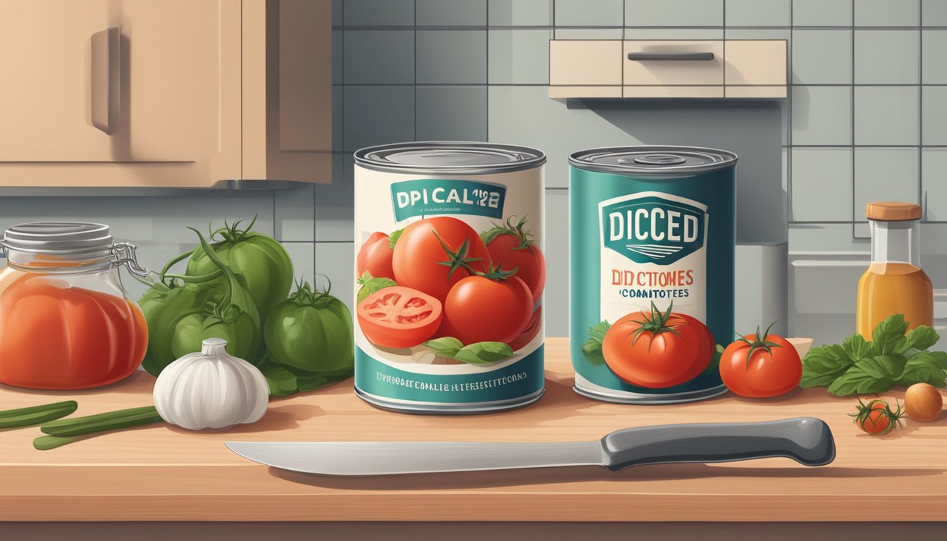 A can of diced tomatoes sits on a kitchen counter, surrounded by various cooking ingredients and utensils. The expiration date on the can is clearly visible