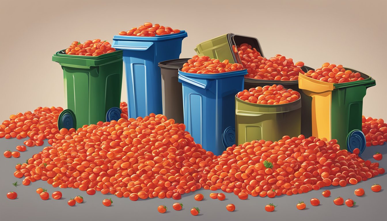 A pile of expired diced canned tomatoes surrounded by overflowing trash bins