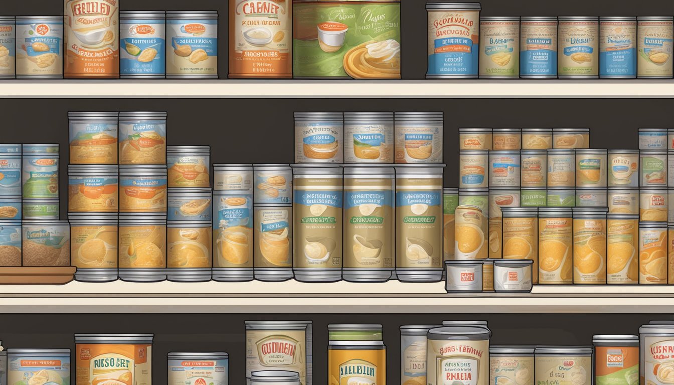 A pantry shelf with opened canned cream of chicken soup next to a labeled expiration date