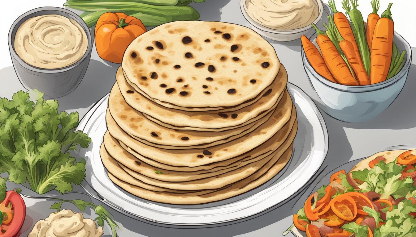 A stack of flatbreads with various expiration dates, surrounded by fresh and wilted vegetables, and a container of hummus