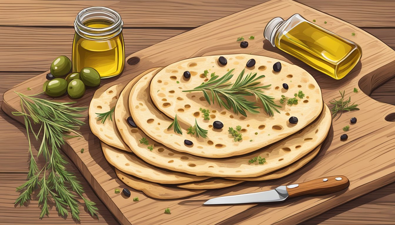 A stack of flatbread on a wooden cutting board, with a few pieces broken off and scattered around. A jar of olive oil and a sprinkle of herbs nearby