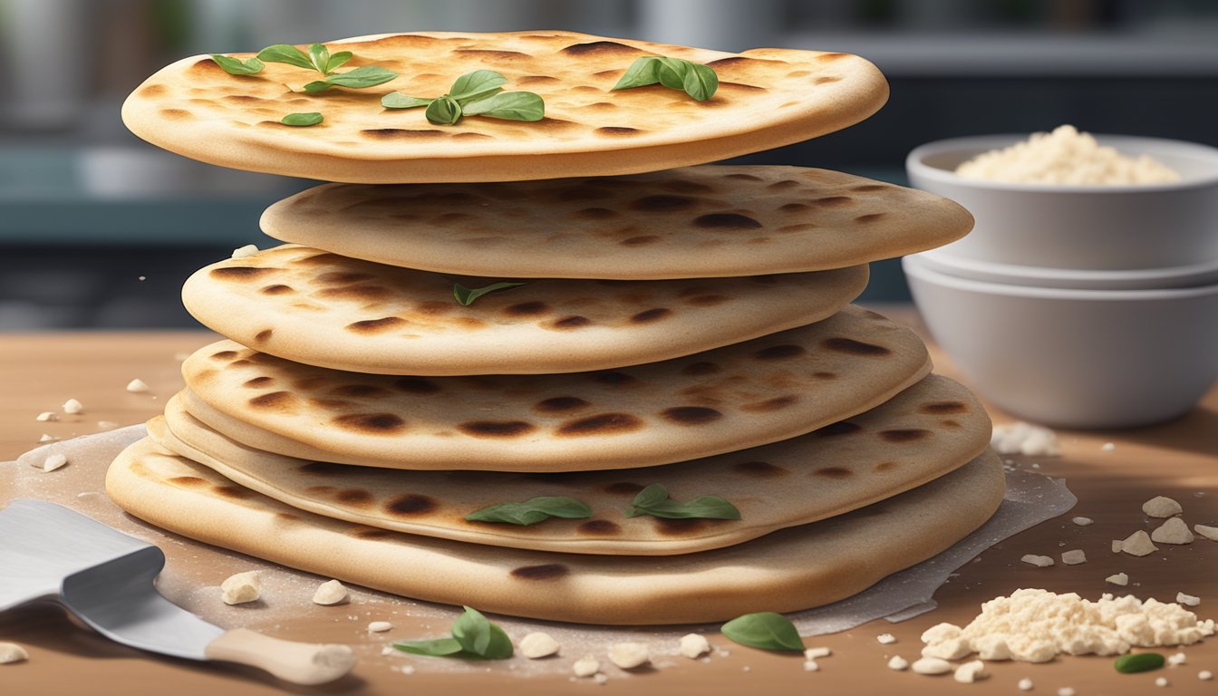 A stack of flatbreads left on a kitchen counter, surrounded by scattered crumbs and a few mold spots