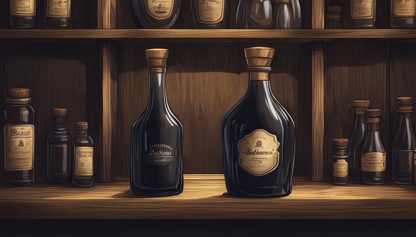 A dark glass bottle of balsamic vinegar sits on a wooden shelf in a cool, dimly lit pantry