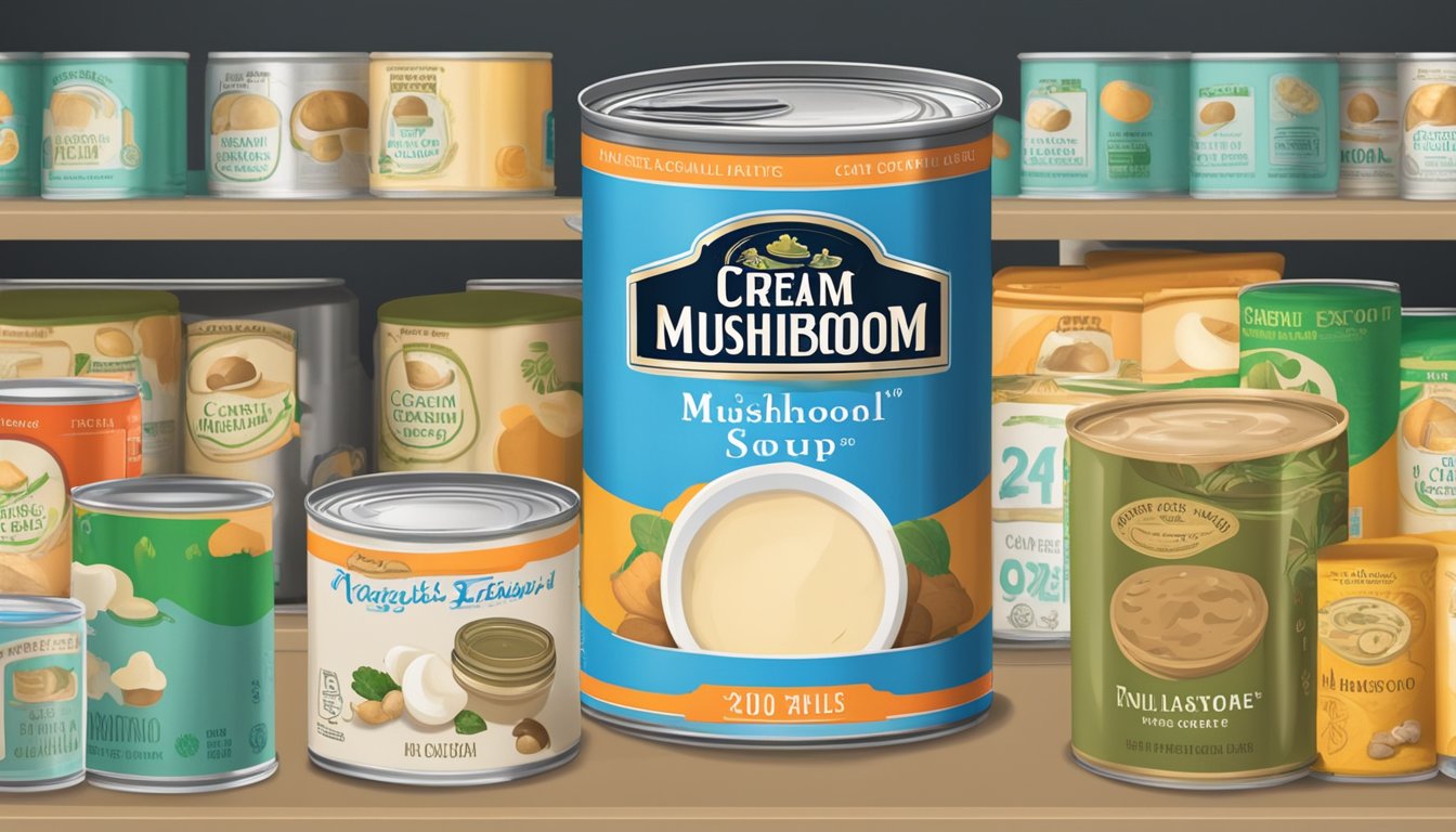 A can of cream of mushroom soup sits on a shelf, surrounded by other canned goods. The label shows the expiration date, and the can appears unopened