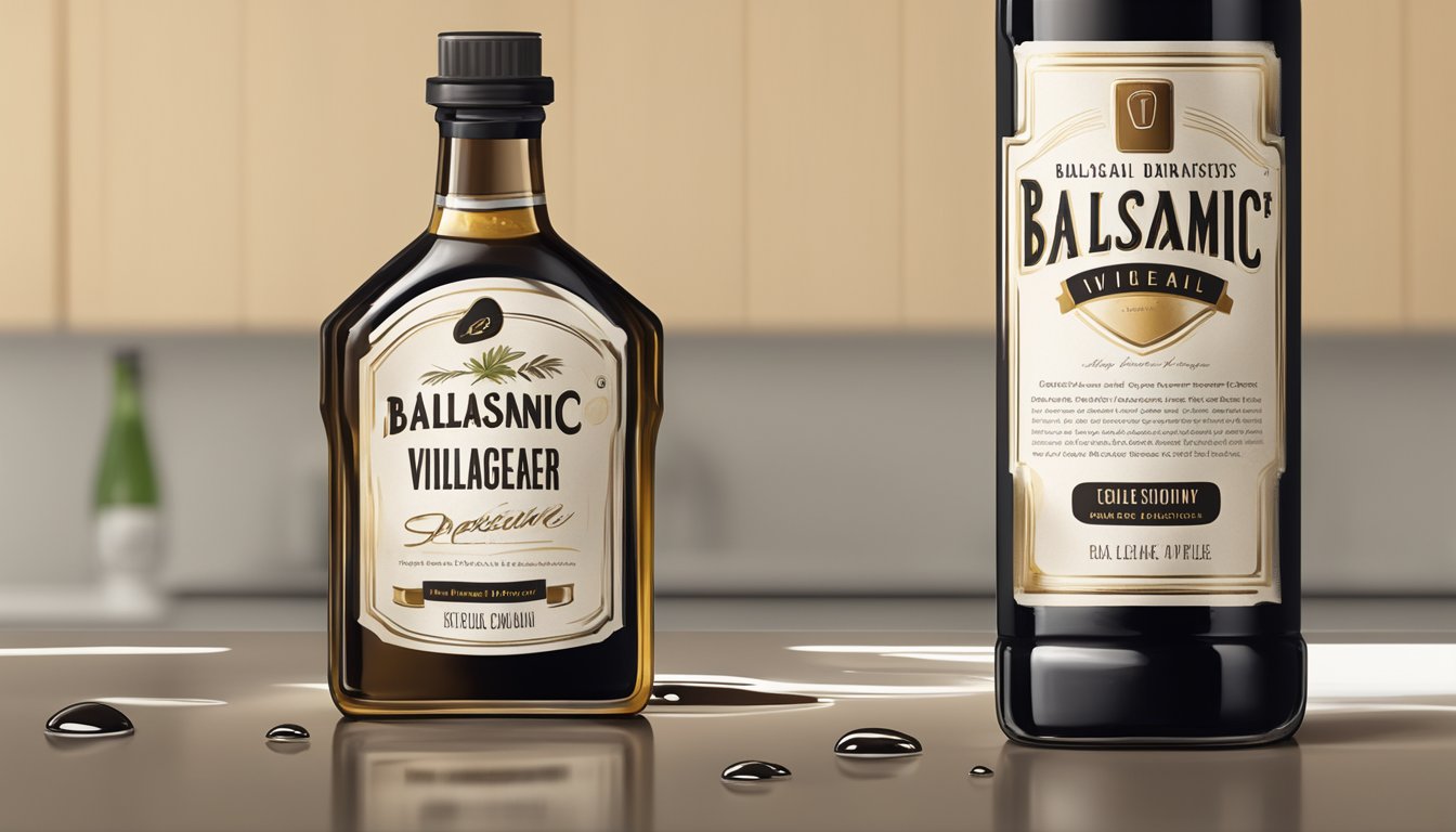 A bottle of balsamic vinegar sits on a kitchen counter, with a few droplets of liquid forming at the top of the bottle. The label is slightly peeling and stained