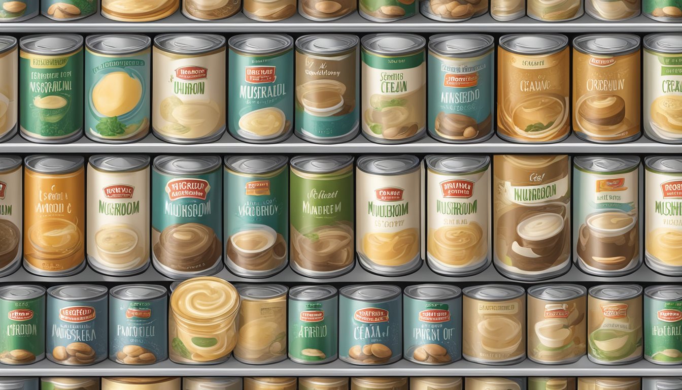 A pantry shelf with expired and unexpired cans of cream of mushroom soup