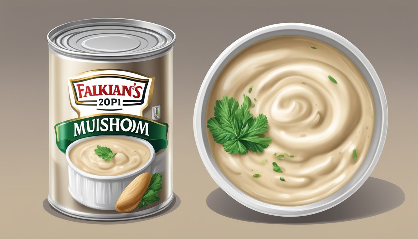 A bulging and dented can of cream of mushroom soup with visible mold and a foul odor