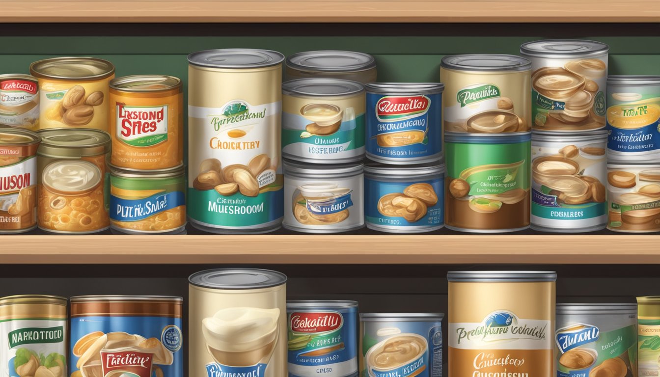 A pantry shelf with expired canned cream of mushroom soup