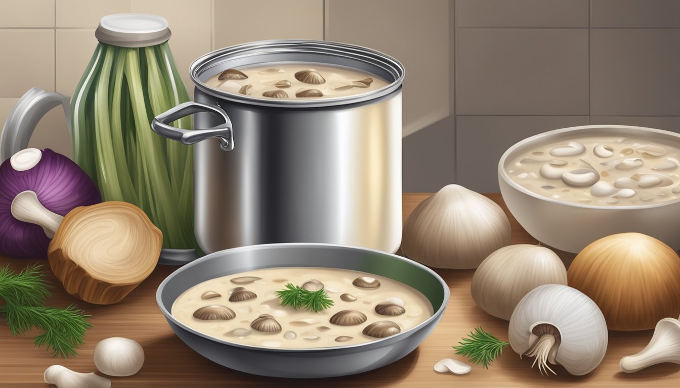 A can of cream of mushroom soup sits on a kitchen counter, surrounded by fresh mushrooms, onions, and a pot on the stove