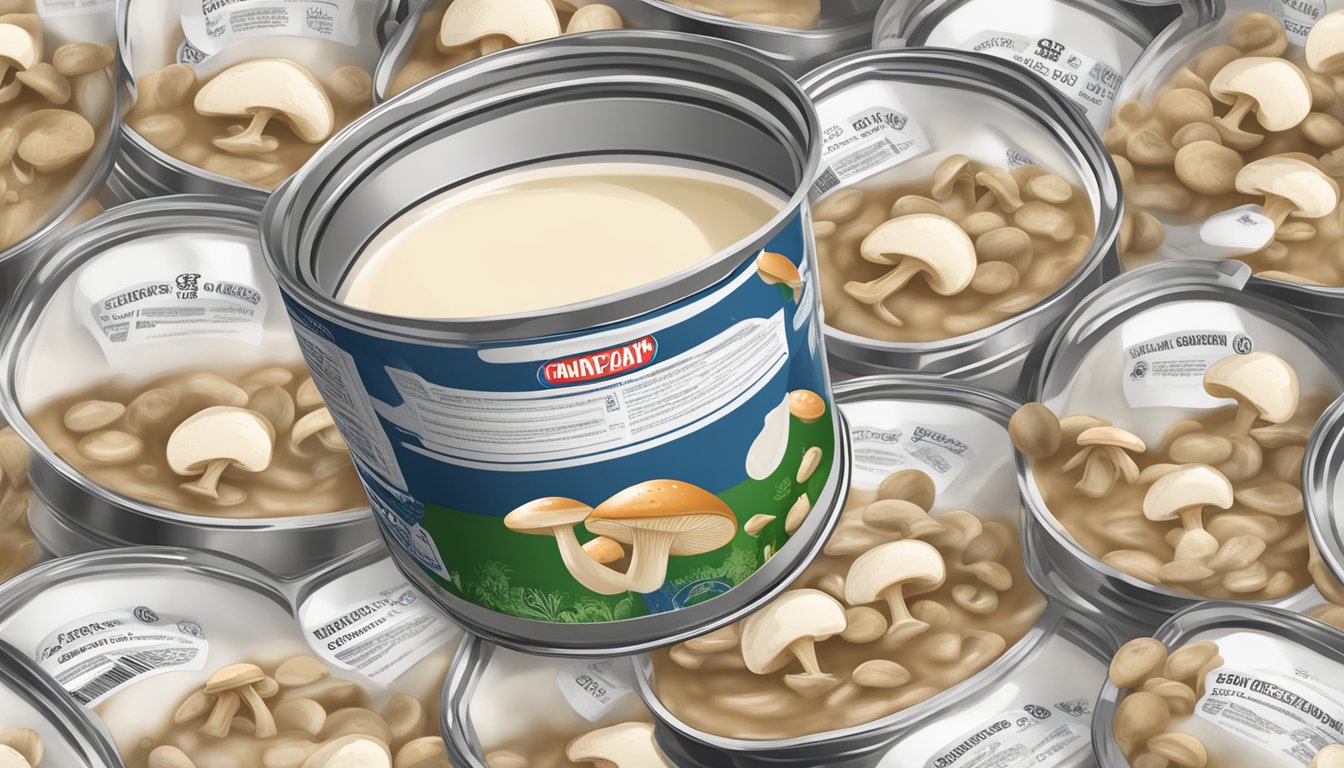 An open can of cream of mushroom soup surrounded by various expiration date labels and a small pile of spoiled mushrooms