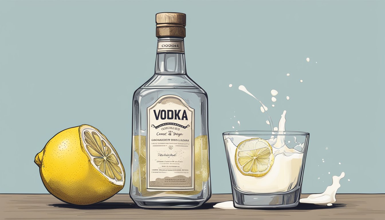 A clear glass bottle of vodka sits next to a rotting lemon and curdled milk. The liquid inside is discolored and emitting a foul odor