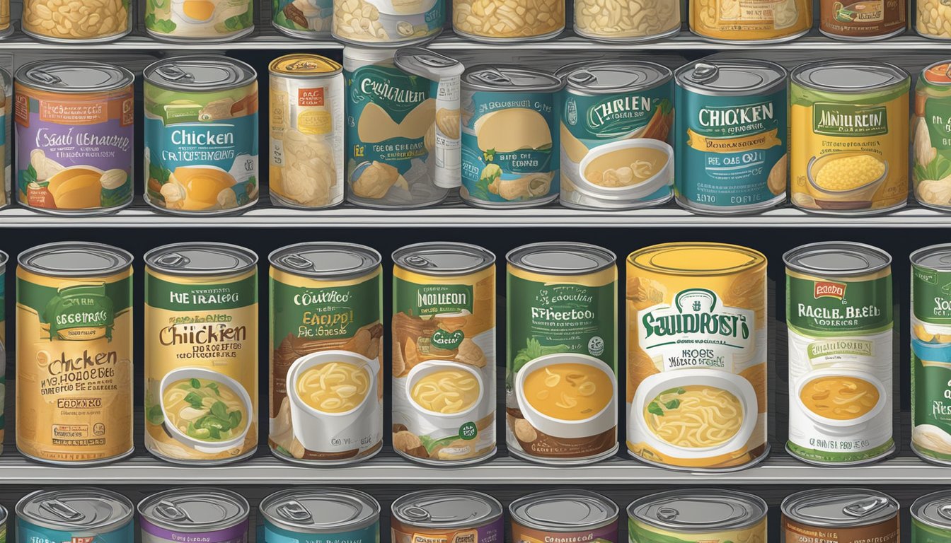 A can of chicken noodle soup sits on a kitchen shelf, surrounded by other canned goods. The expiration date is clearly visible on the label