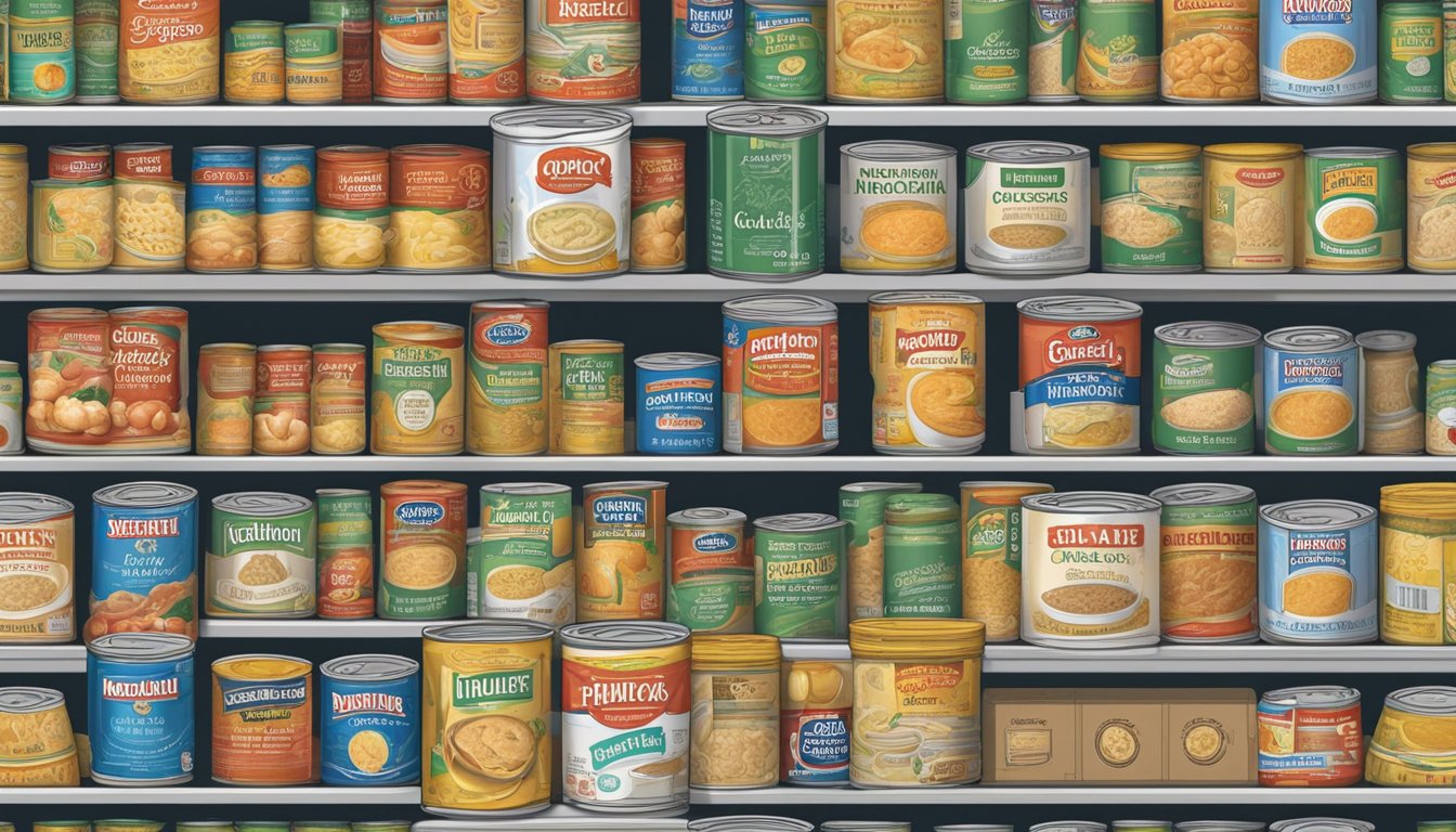 A can of chicken noodle soup sits on a pantry shelf, surrounded by other canned goods. The expiration date is clearly visible on the label