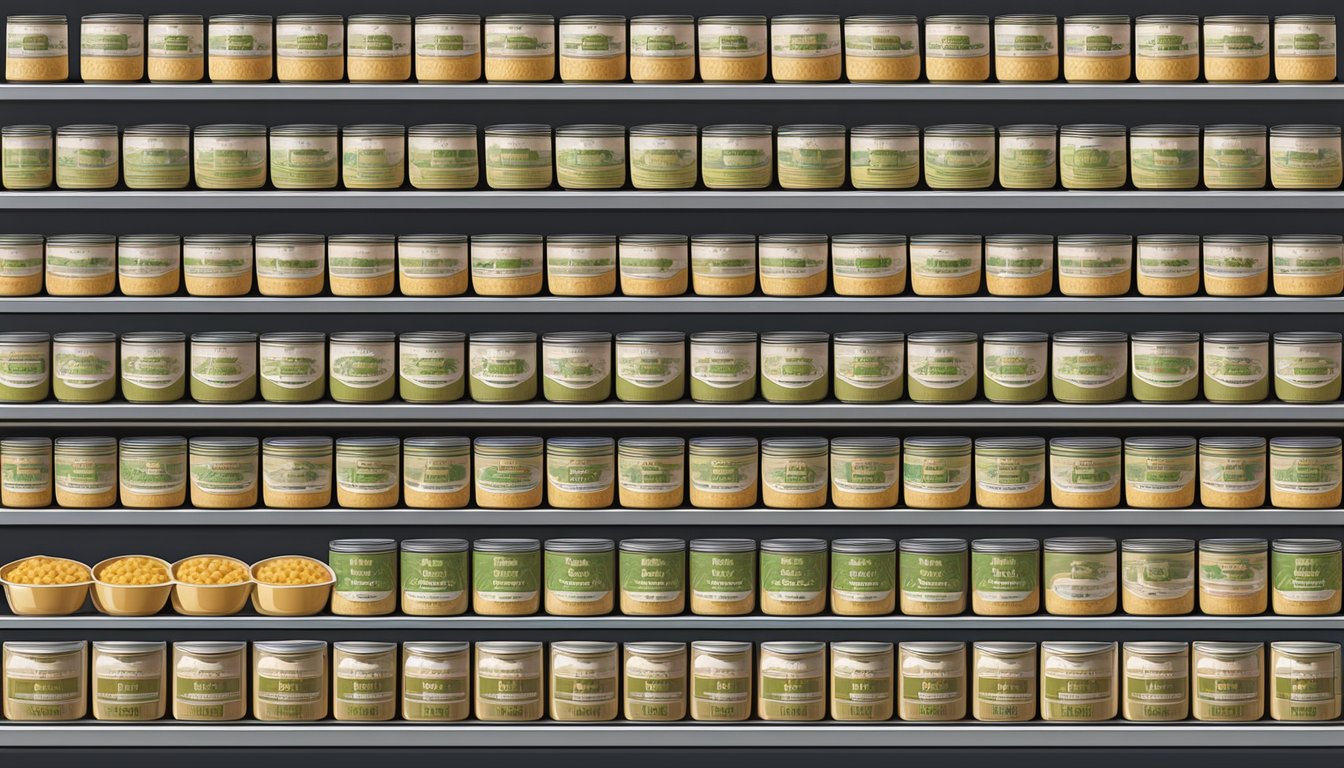 A pantry shelf with neatly organized rows of canned chicken noodle soup, with expiration dates clearly displayed on the labels