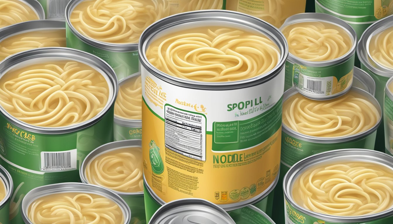 An open can of chicken noodle soup with visible signs of spoilage, such as discoloration, off-putting odor, and bloated packaging