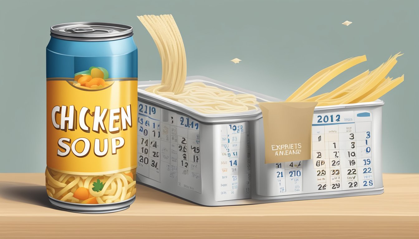 An open can of chicken noodle soup surrounded by a calendar showing the expiration date