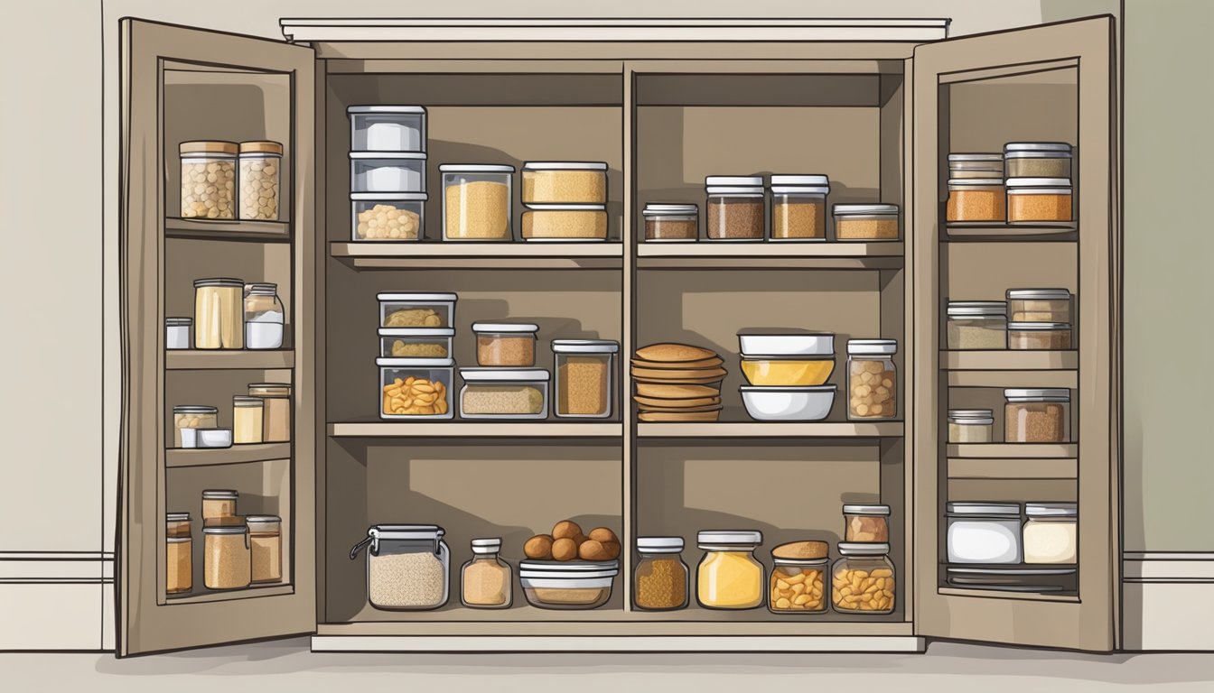 A kitchen pantry with neatly organized shelves filled with various food items, including a package of English muffins