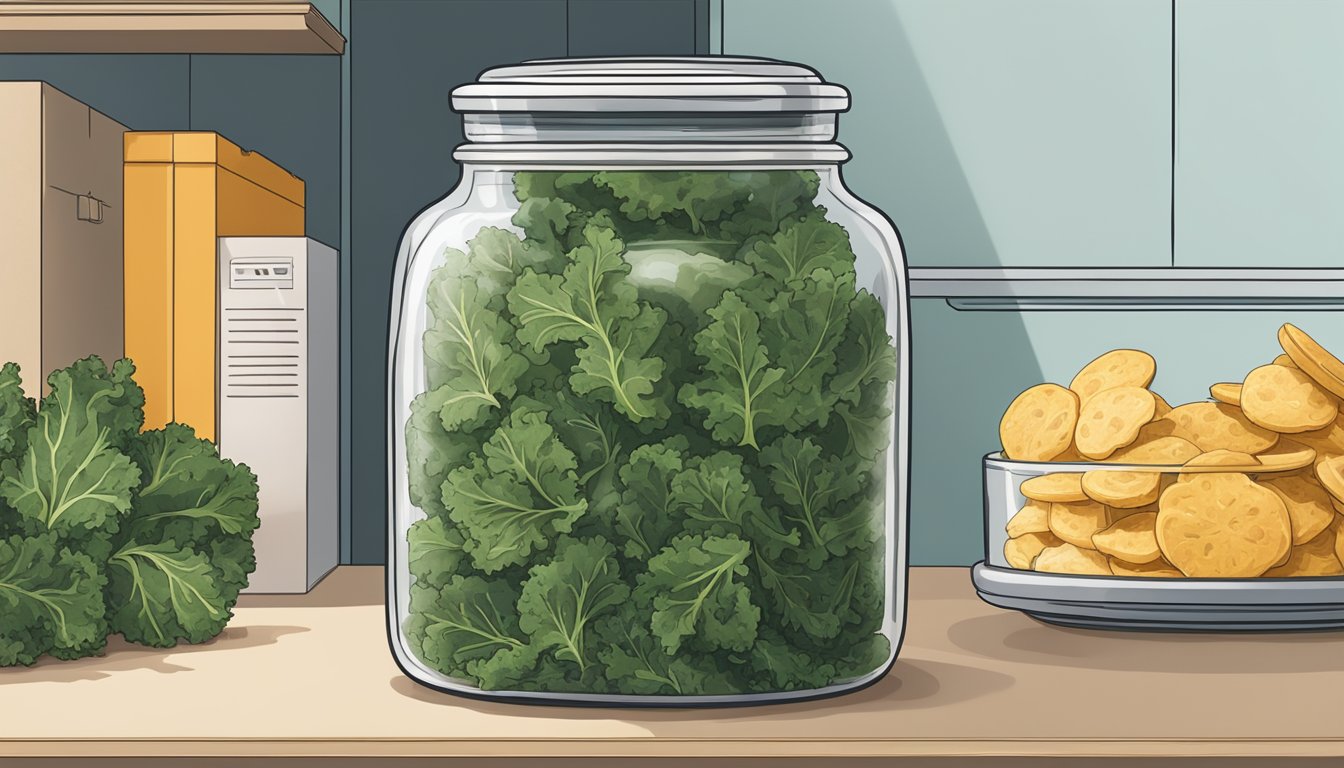 A glass jar filled with crispy kale chips sits on a clean, dry shelf in a pantry. The lid is tightly sealed to keep the chips fresh