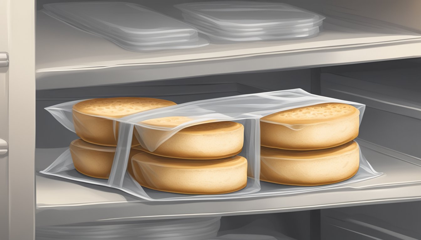 A sealed package of English muffins stored in a dry, cool pantry with no signs of mold or staleness