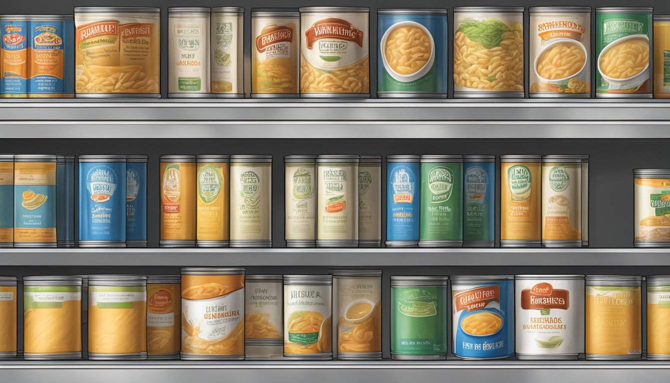 A pantry shelf with expired canned chicken noodle soup