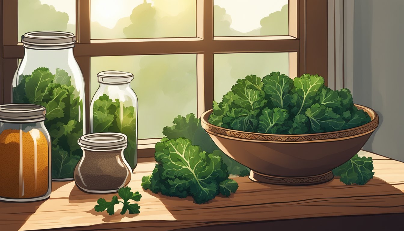 A bowl of kale chips sits on a rustic wooden shelf, surrounded by jars of spices and a few loose leaves of kale. Sunlight streams through a nearby window, casting a warm glow over the scene