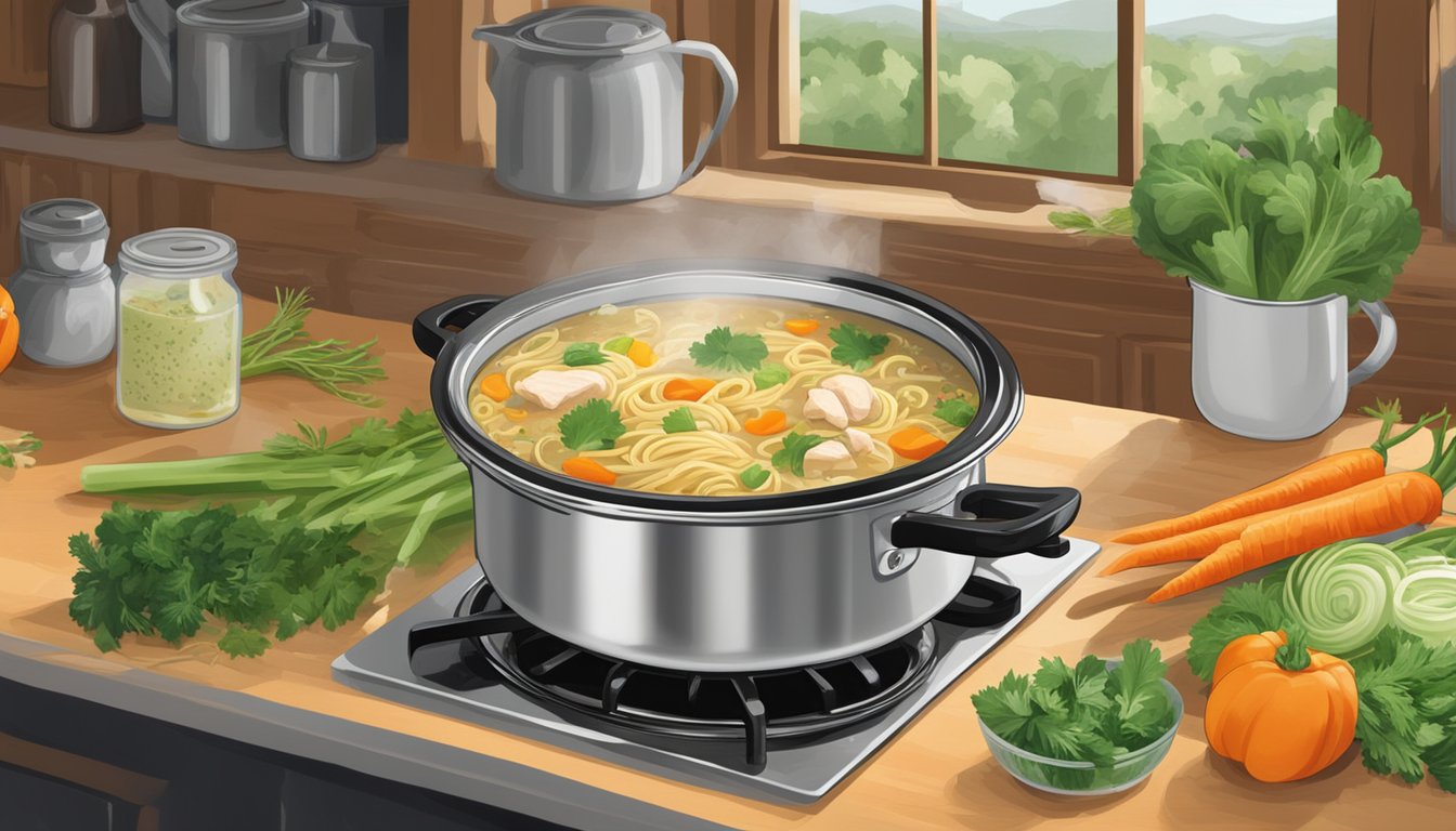 A pot of chicken noodle soup simmers on the stove, surrounded by fresh vegetables and herbs. A can of soup sits open on the counter, with a "best by" date clearly visible