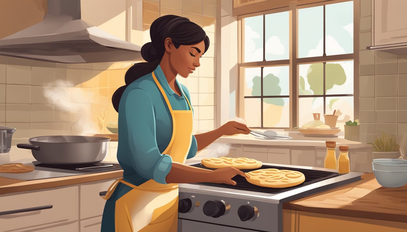 A woman in a cozy kitchen kneads dough, cuts circles, and cooks golden English muffins on a sizzling griddle