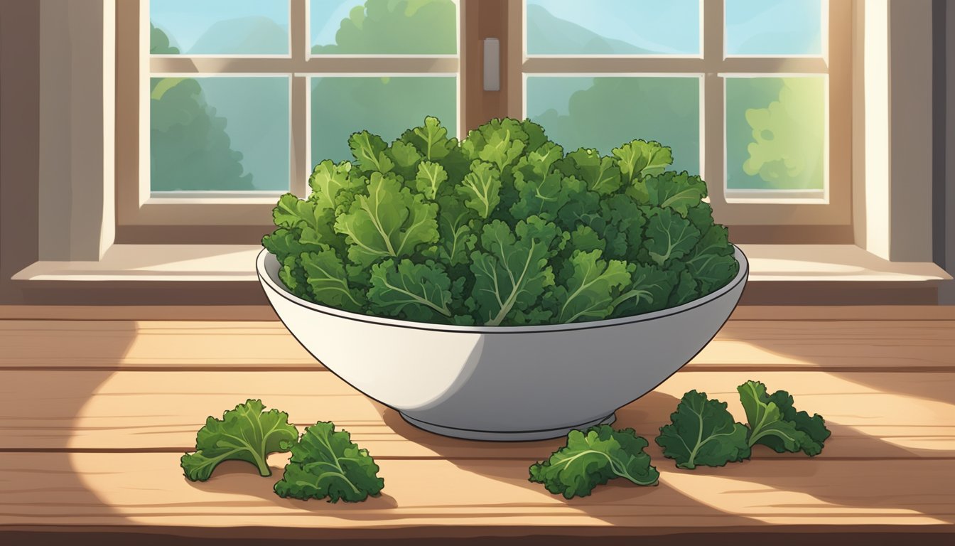 A bowl of kale chips sits on a wooden table, surrounded by scattered kale leaves. Sunlight streams in through a nearby window, casting a warm glow on the crunchy snacks