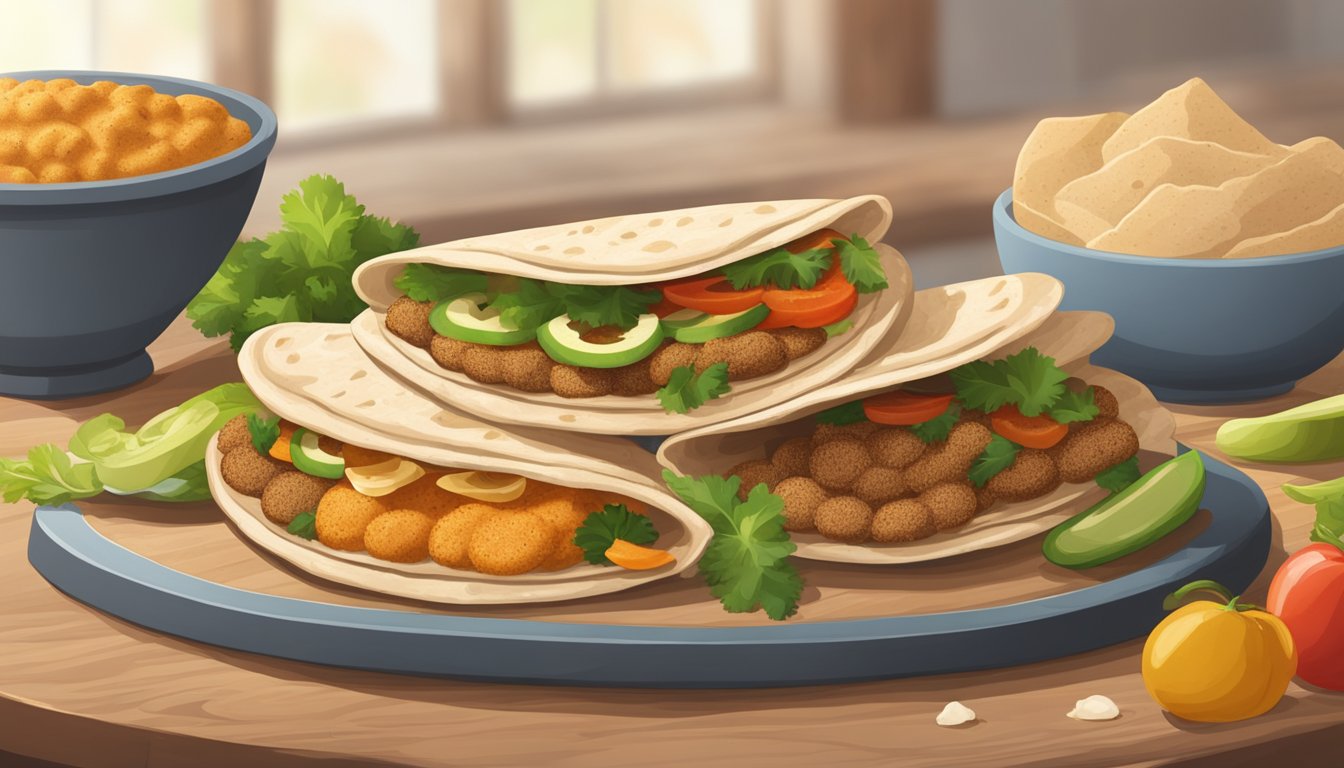 A stack of pita bread sitting on a wooden cutting board with a few crumbs scattered around, surrounded by various ingredients like hummus, falafel, and vegetables