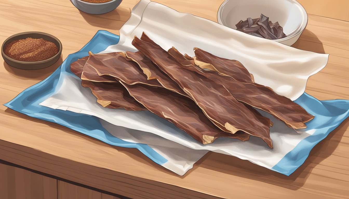 A package of turkey jerky sits open on a kitchen counter, with a few pieces spilling out onto the surface. The jerky appears dry and slightly discolored