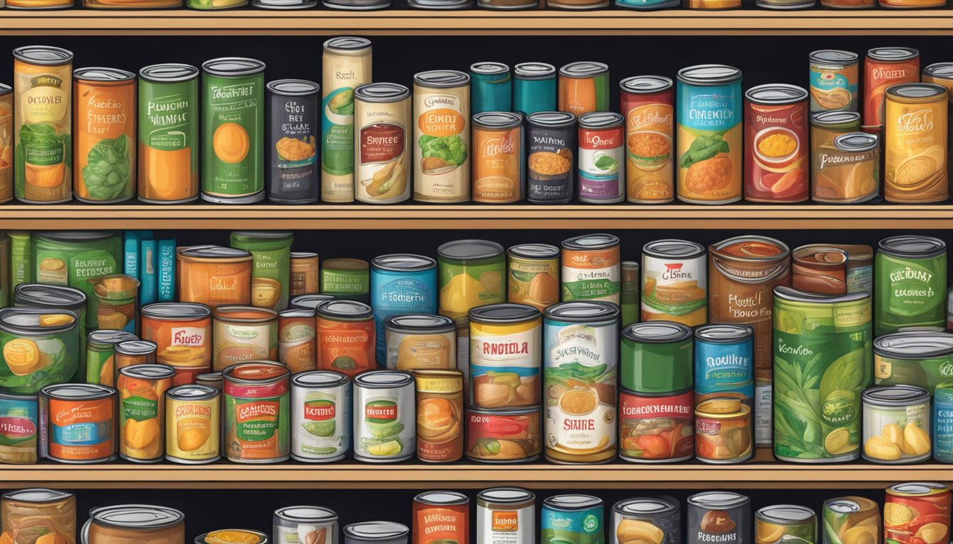 A pantry shelf with expired canned vegetable soup amidst other canned goods