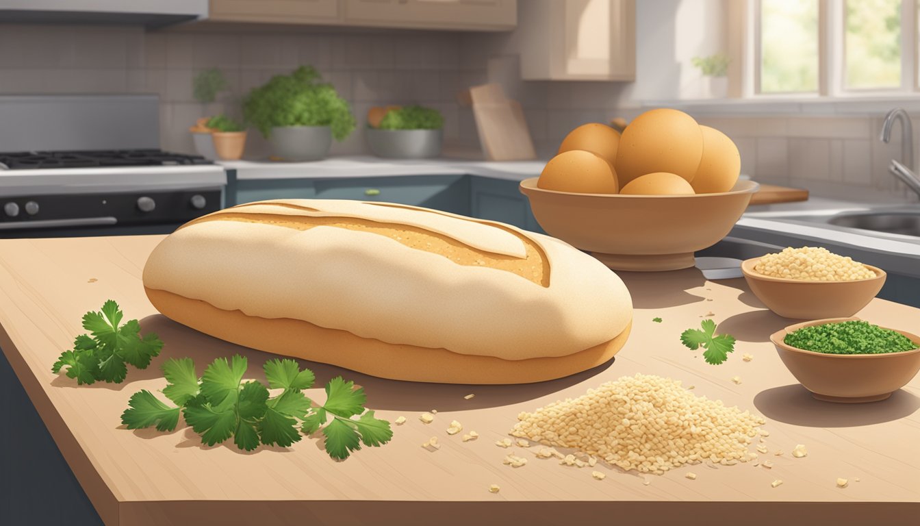 A loaf of pita bread sitting on a kitchen counter, surrounded by scattered crumbs and a few pieces of parsley