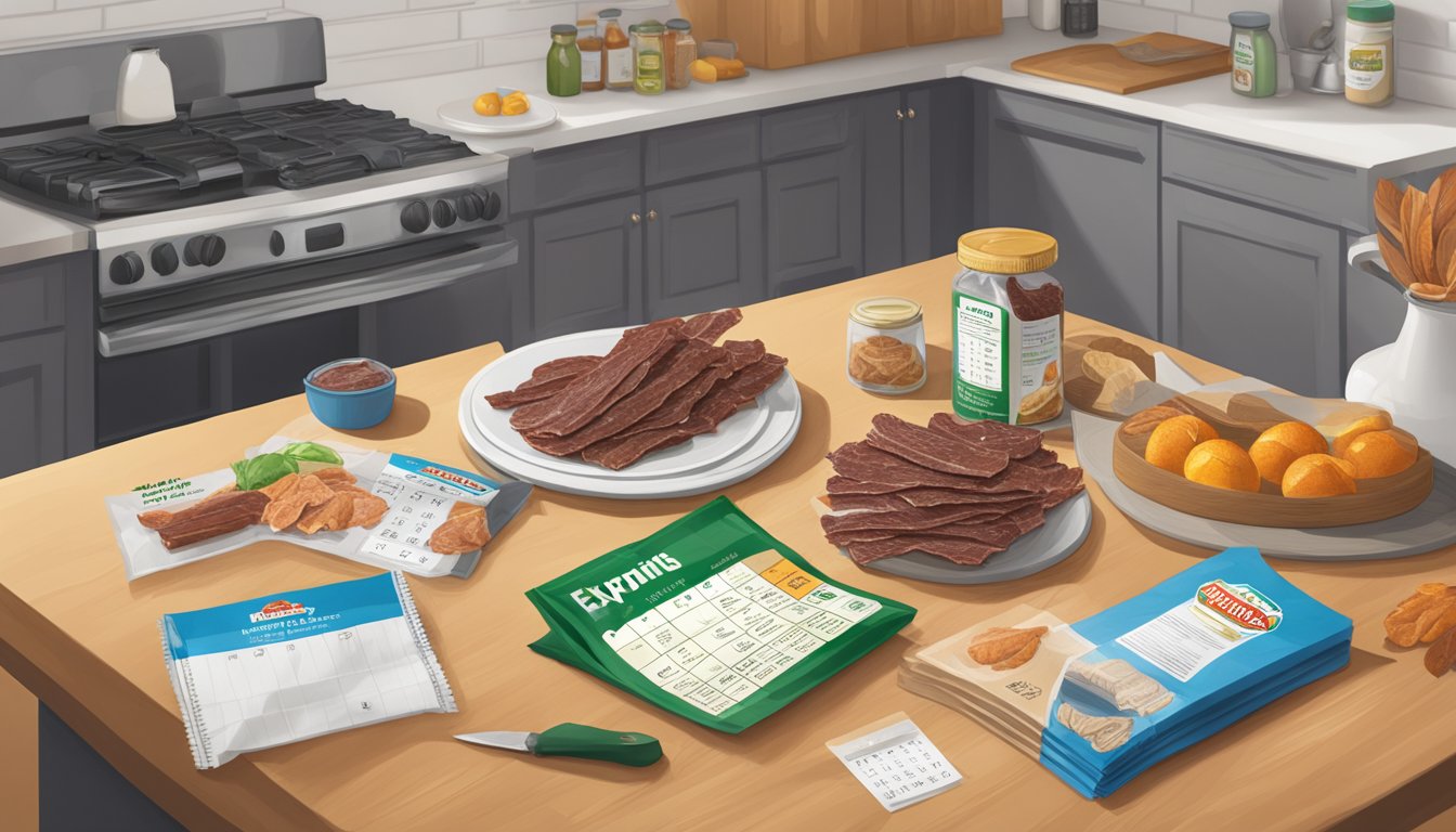 A package of turkey jerky sits on a kitchen counter, surrounded by various food items and a calendar marking the expiration date