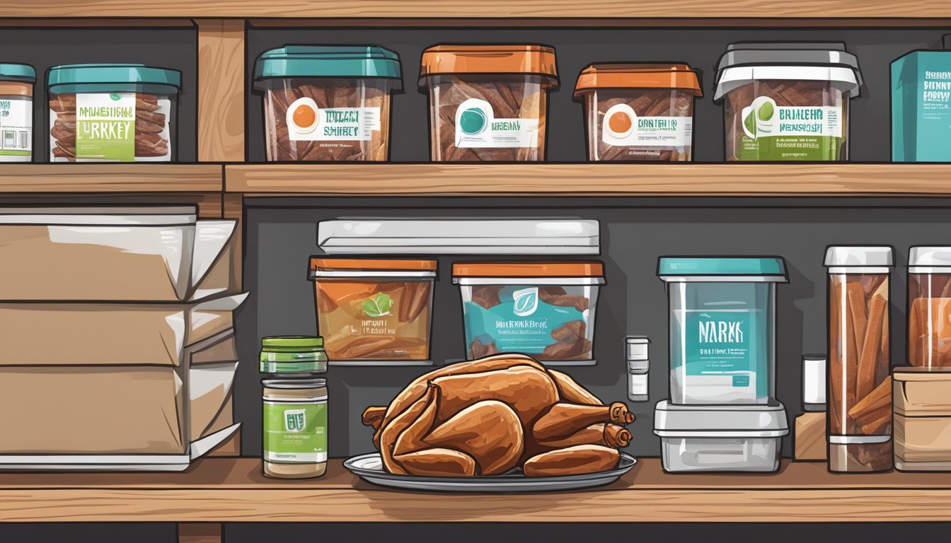 A package of turkey jerky sits on a shelf, surrounded by various storage containers and organization solutions