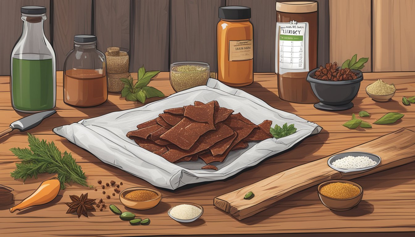 A bag of turkey jerky sits on a wooden table, surrounded by various spices and herbs. A calendar on the wall indicates the current date