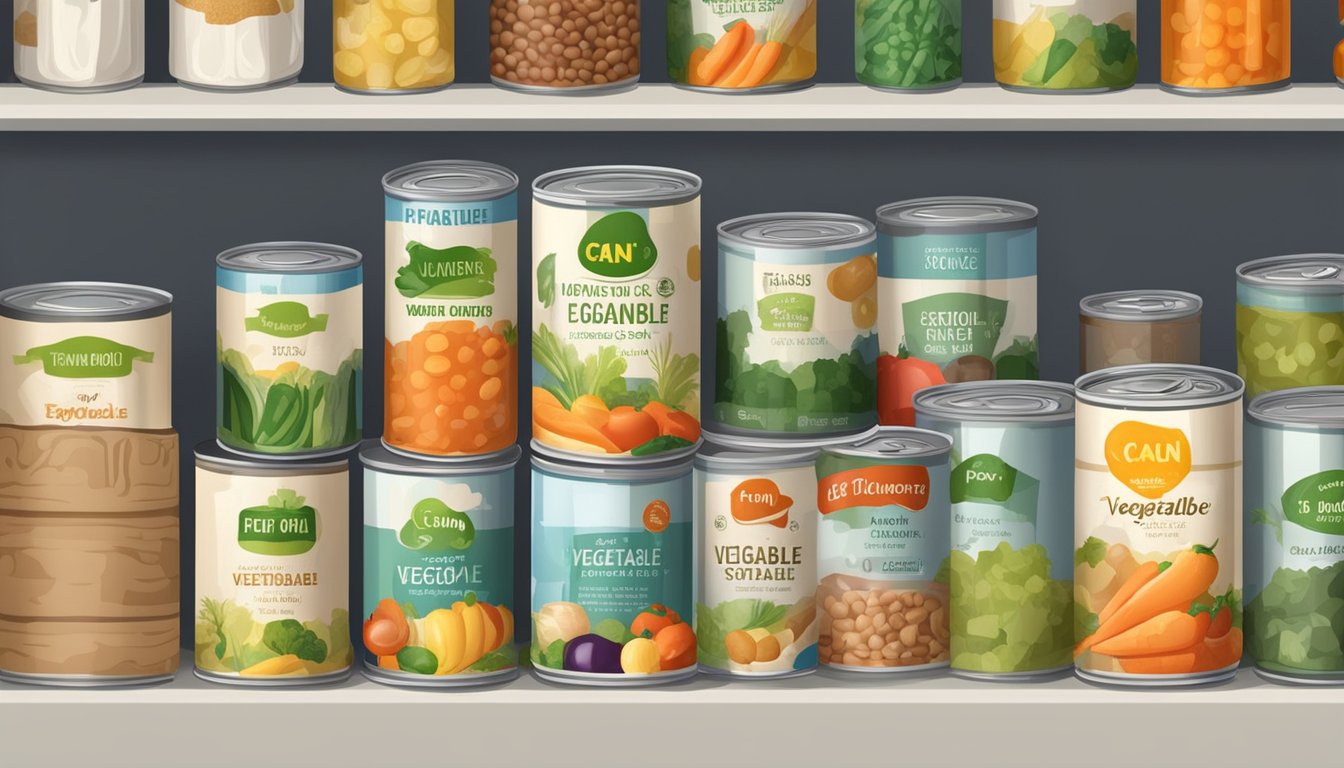 A can of vegetable soup with a clear expiration date label, surrounded by other canned goods on a pantry shelf