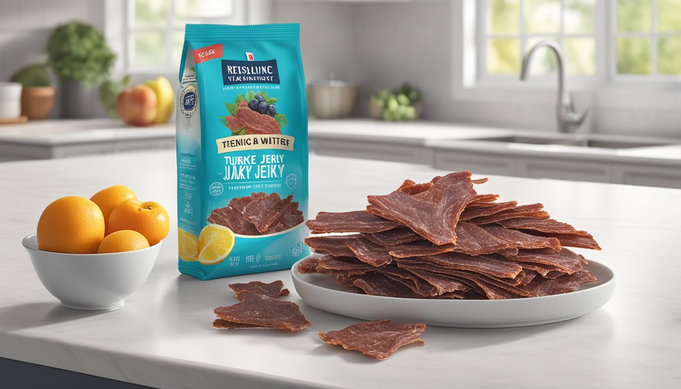 A package of turkey jerky sits on a clean, white kitchen counter next to a bowl of fresh fruit and a glass of water