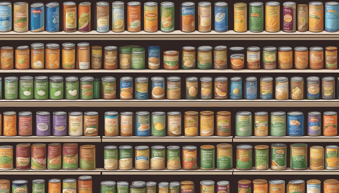 A pantry shelf with a variety of canned vegetable soups, some with expiration dates visible on the labels