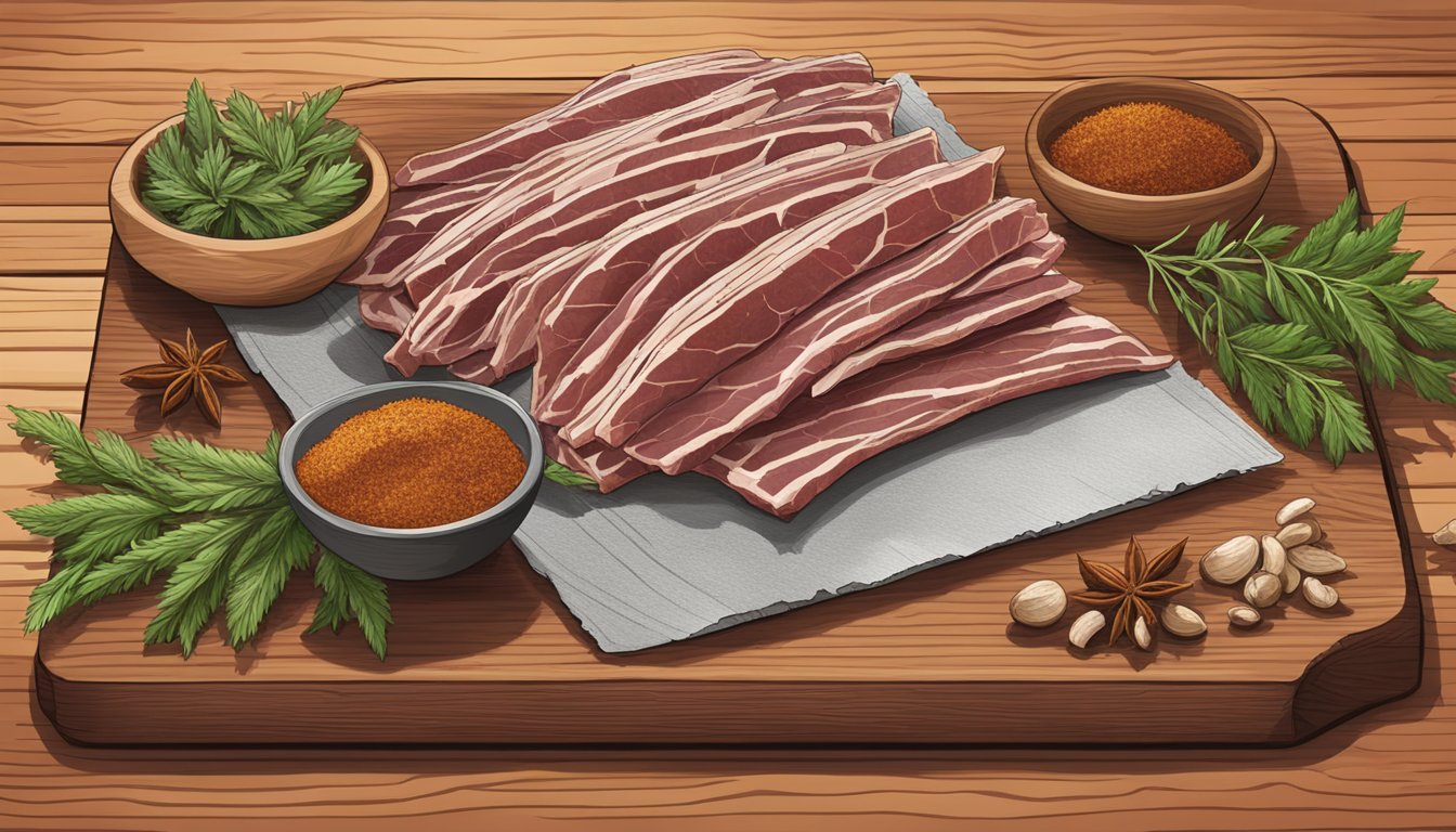 A turkey jerky package sits on a wooden cutting board, surrounded by various herbs and spices. The jerky is neatly arranged and displayed in a rustic kitchen setting