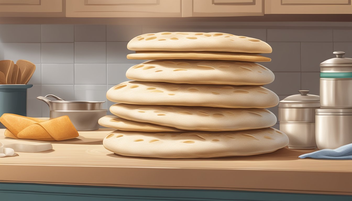 A stack of pita bread sitting on a clean, organized kitchen counter, with a faint hint of mold starting to form on the edges