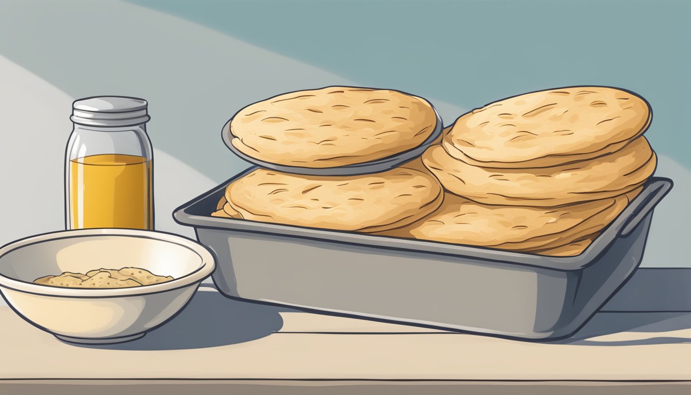 A kitchen counter with a stack of freshly baked pita bread, a bread box, and a bowl of hummus